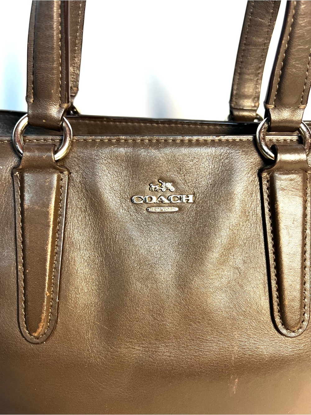 Coach Dark Taupe Small Leather Tote Satchel Bag Silver Hardware - Picture 3 of 14